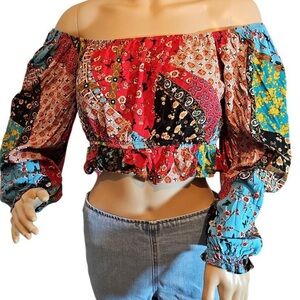 NWT Audrey Lane Patchwork Design Crop Top Boho Women’s Size XL